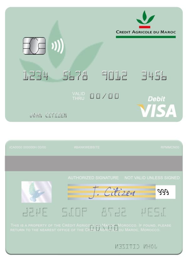 Editable Morocco Crédit Agricole du Maroc bank visa debit card Templates in PSD Format