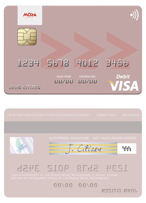 Editable Mozambique Banco Moza visa debit card Templates in PSD Format