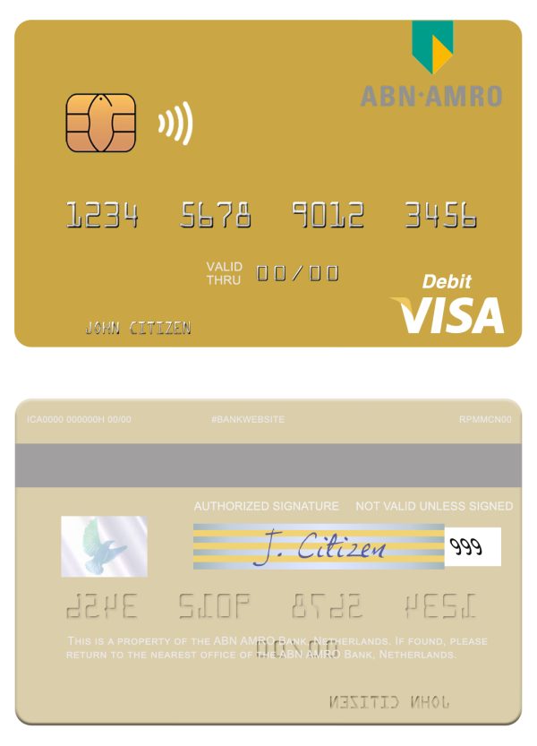 Editable Netherlands ABN AMRO Bank visa debit card Templates 600x833 - Cart
