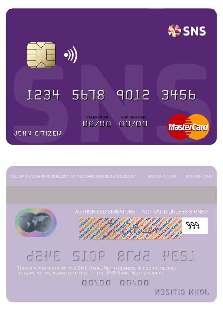 Editable Netherlands SNS Bank mastercard credit card Templates in PSD Format