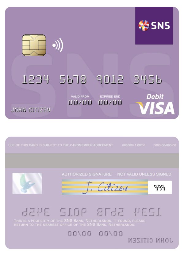 Editable Netherlands SNS Bank visa debit card Templates 600x833 - Cart