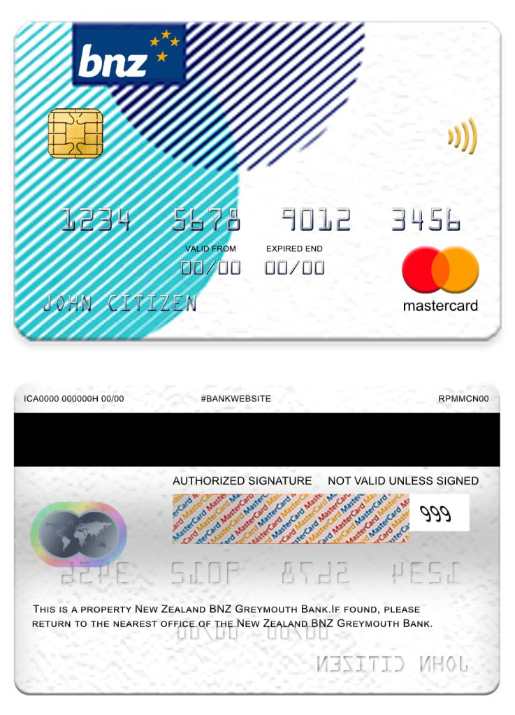 Editable New Zealand BNZ Greymouth bank mastercard Templates in PSD Format