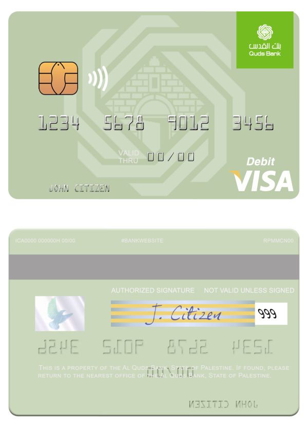 Editable Palestine Al Quds Bank visa debit card Templates 600x833 - Cart