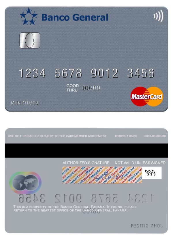 Editable Panama Banco General mastercard credit card Templates in PSD Format
