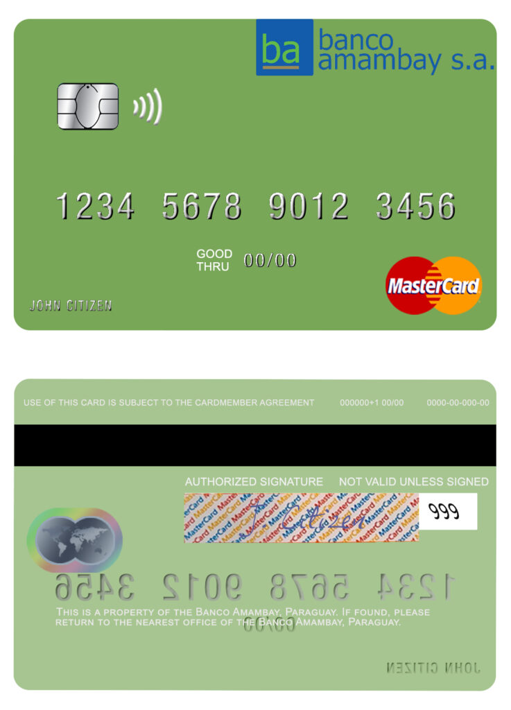 Editable Paraguay Banco Amambay mastercard credit card Templates