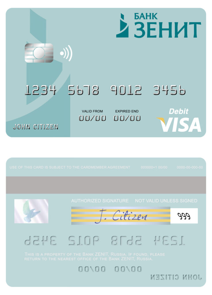 Editable Russia Bank ZENIT visa debit card Templates in PSD Format