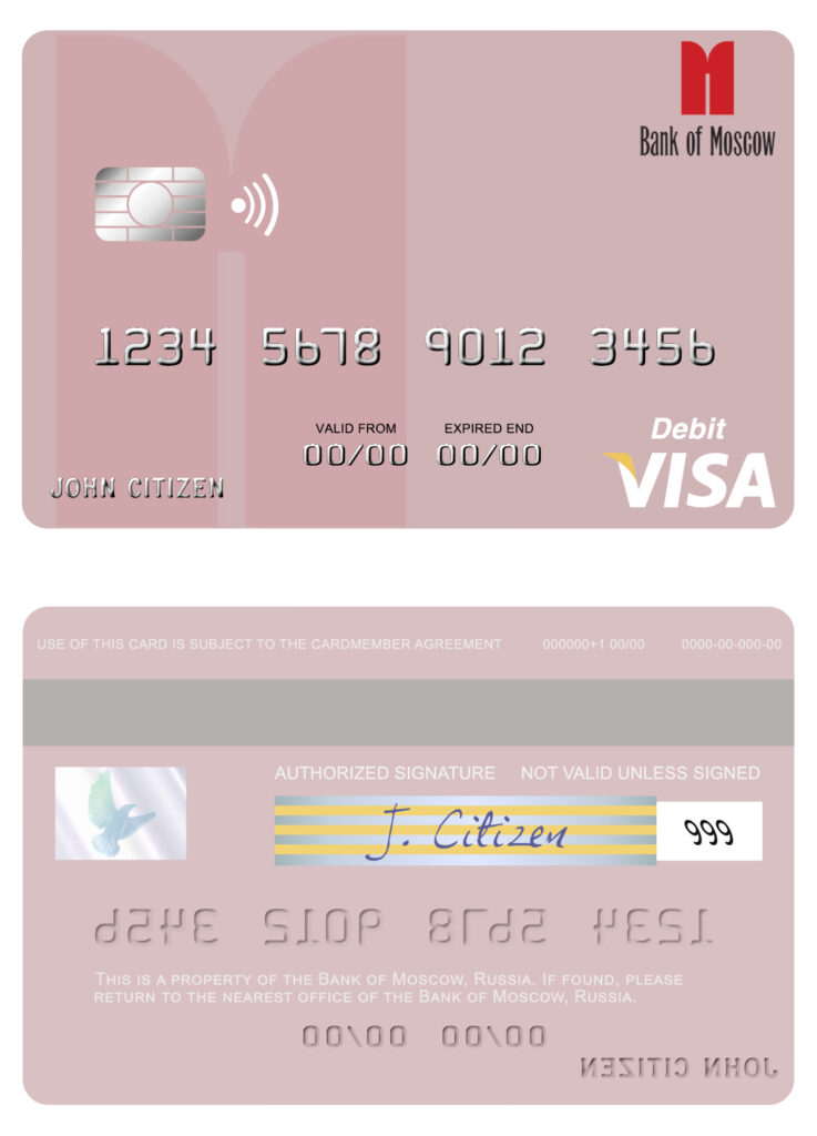 Editable Russia Bank of Moscow visa debit card Templates in PSD Format