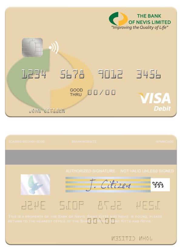 Editable Saint Kitts and Nevis Bank of Nevis visa debit card Templates in PSD Format