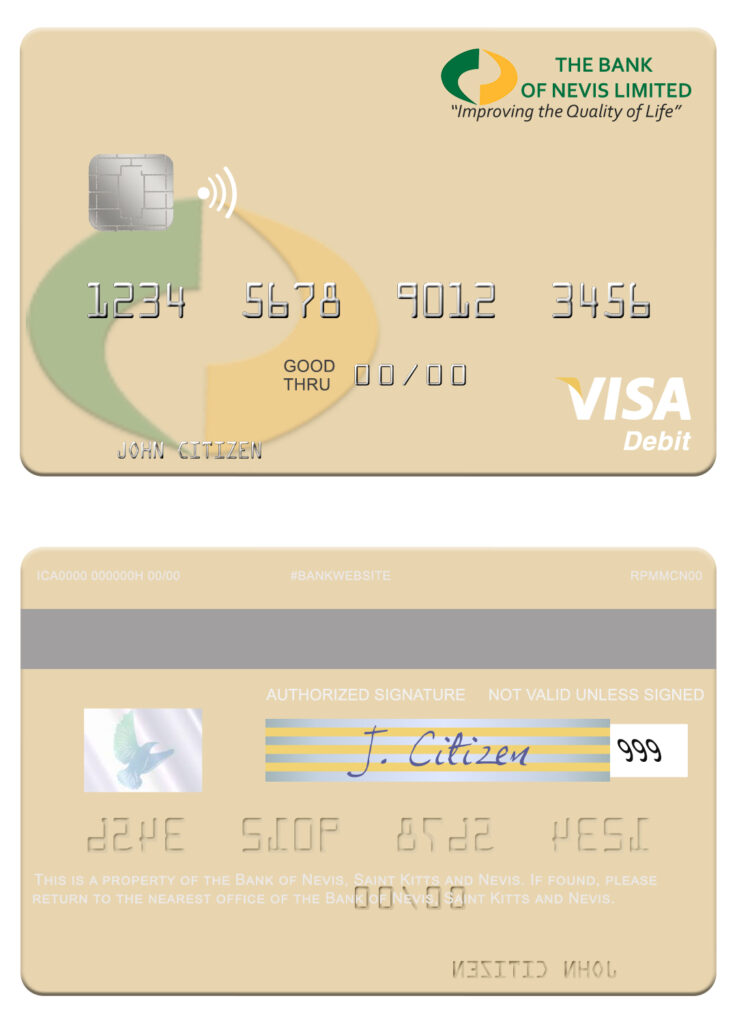 Editable Saint Kitts and Nevis Bank of Nevis visa debit card Templates