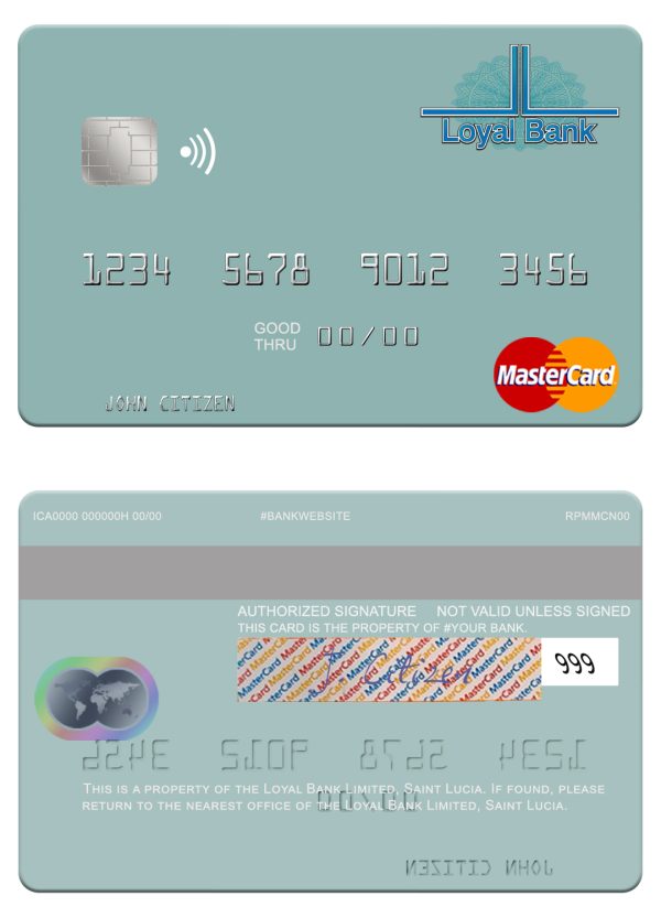 Editable Saint Lucia Loyal Bank Limited mastercard credit card Templates 600x833 - Cart