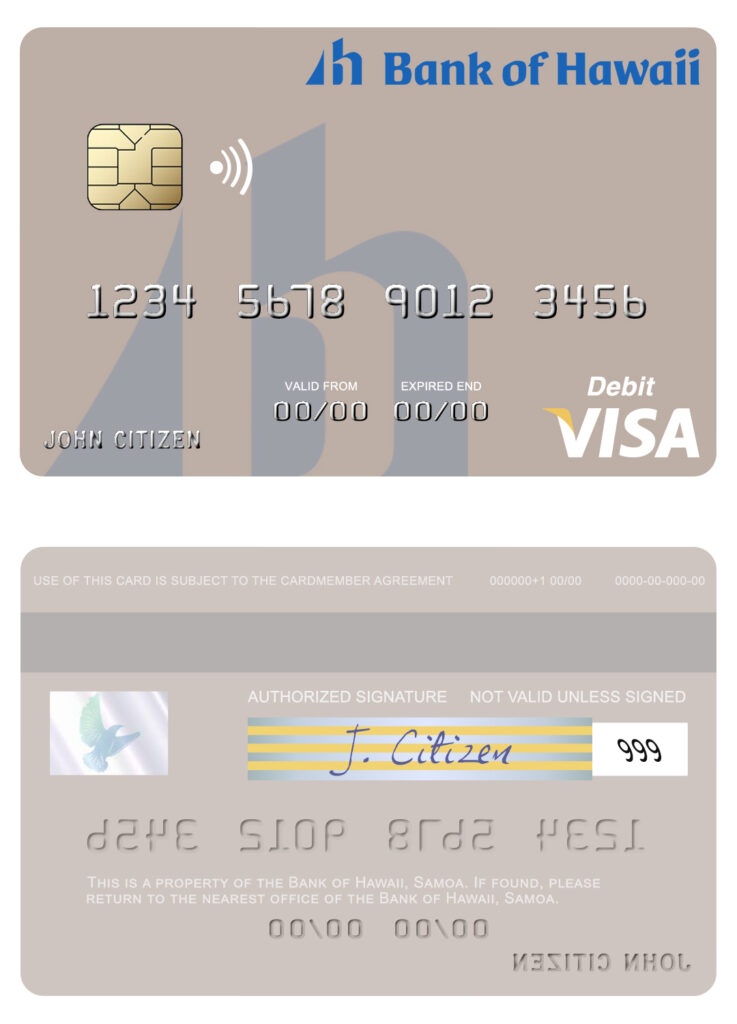 Editable Samoa Bank of Hawaii visa debit card Templates
