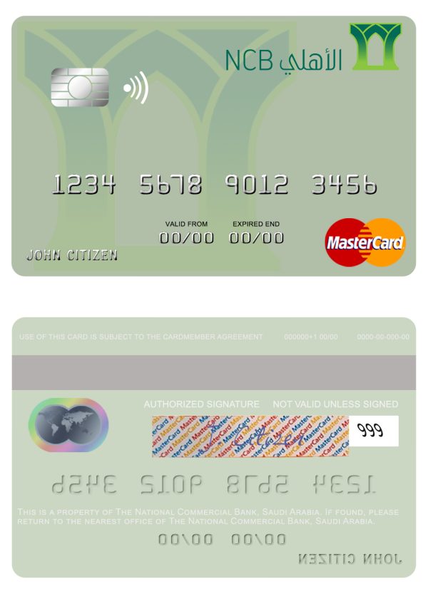 Editable Saudi Arabia The National Commercial Bank mastercard Templates 600x833 - Cart