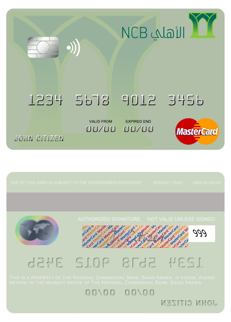 Editable Saudi Arabia The National Commercial Bank mastercard Templates in PSD Format