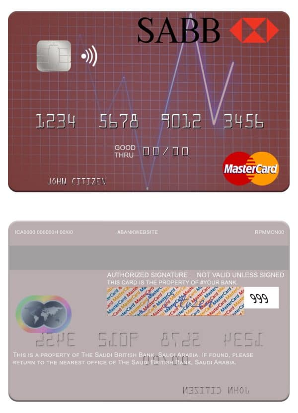 Editable Saudi Arabia The Saudi British Bank mastercard Templates 600x833 - Cart