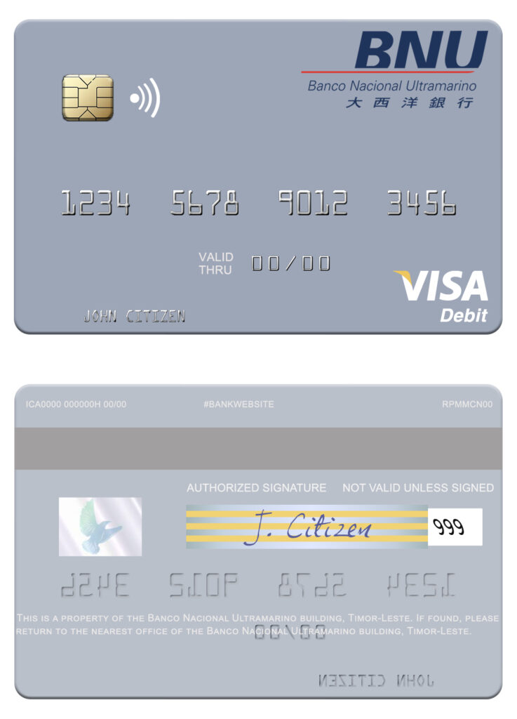 Editable Timor-Leste Banco Nacional Ultramarino building visa debit card Templates in PSD Format