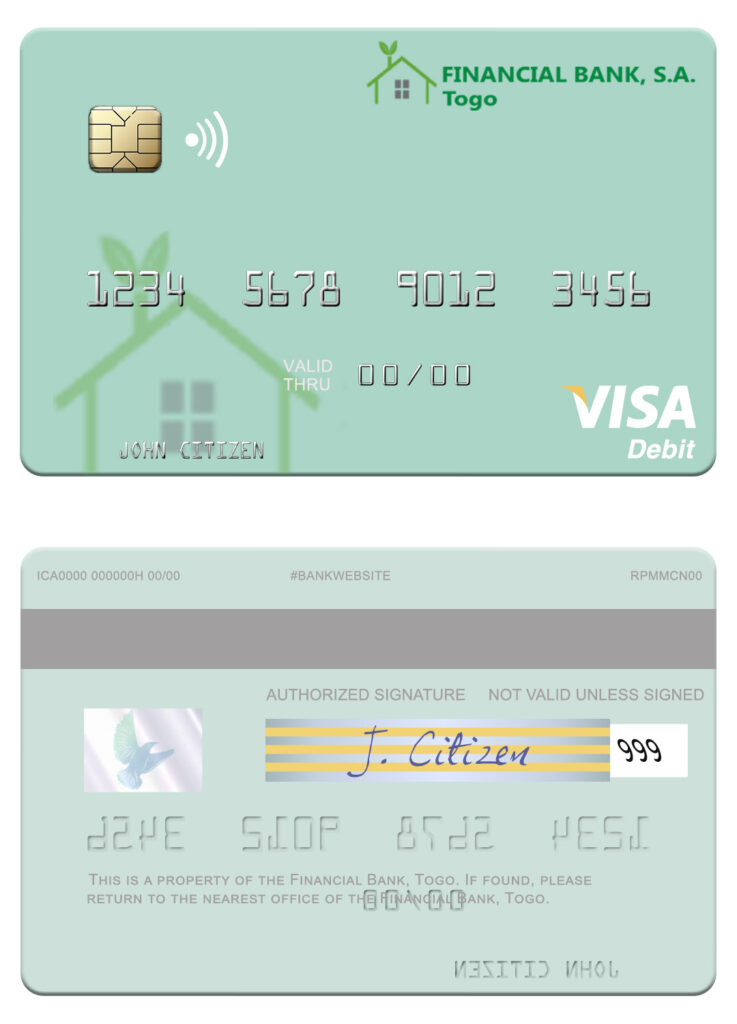 Editable Togo Financial Bank visa debit card Templates in PSD Format