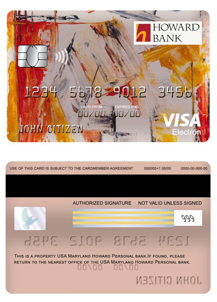 Editable USA Maryland Howard Personal bank visa electron card Templates in PSD Format
