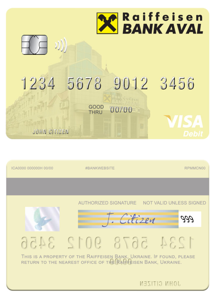 Editable Ukraine Raiffeisen Bank visa debit card Templates in PSD Format
