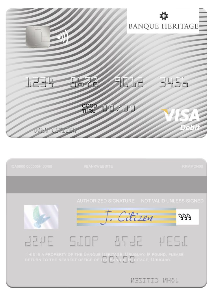 Editable Uruguay Banque Heritage visa debit card Templates in PSD Format