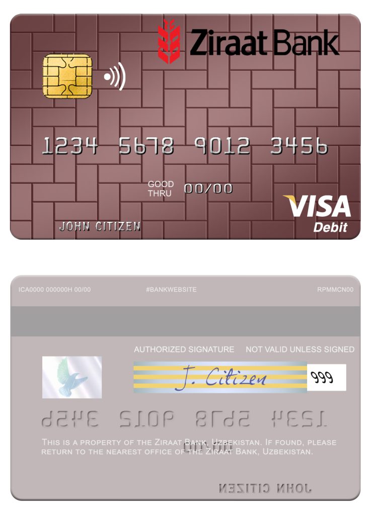 Editable Uzbekistan Ziraat Bank visa debit card Templates in PSD Format