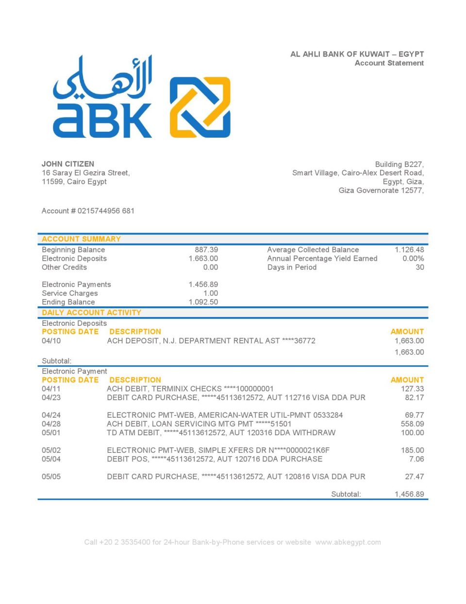 Egypt Al Ahli Bank of Kuwait bank statement easy to fill template in Word and PDF format