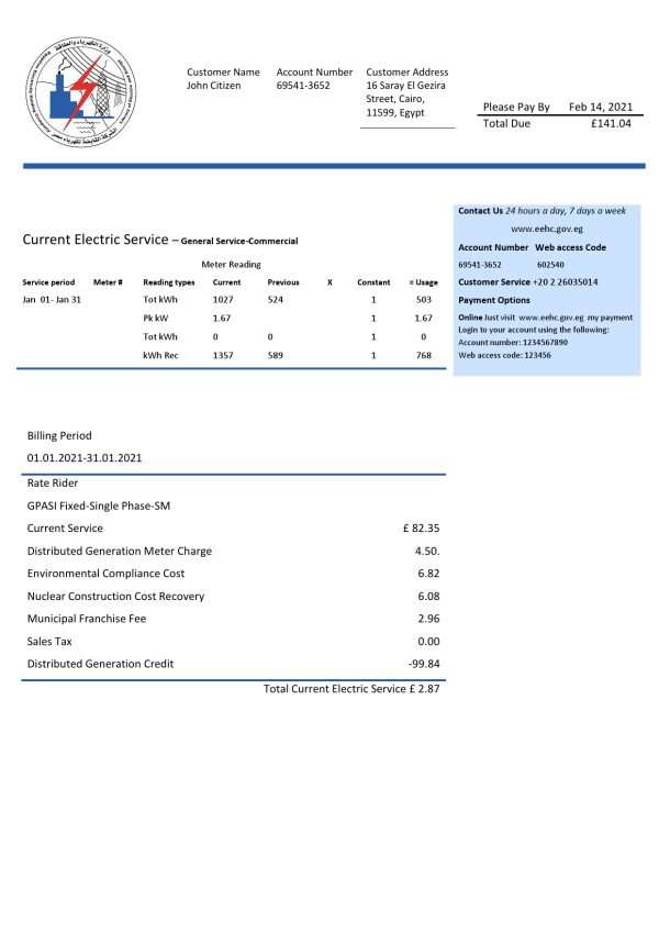 Egypt Egyptian Electricity utility bill template in Word and PDF format