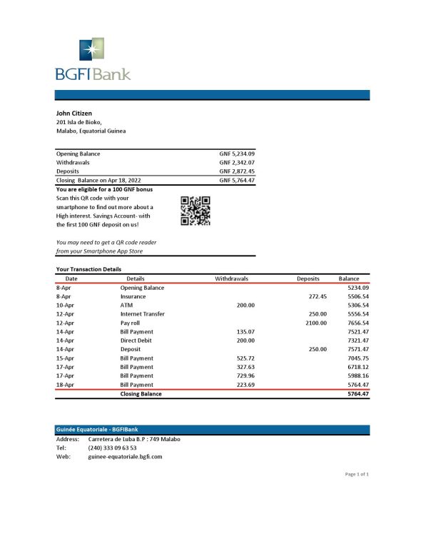 Equatorial Guinea BGFI Bank Statement Excel and PDF template