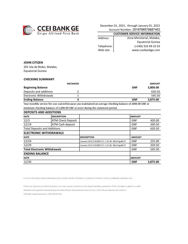 Equatorial Guinea CCEI Bank statement Excel and PDF template