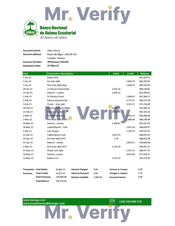 Equatorial Guinea The National Bank statement template in Excel and PDF format