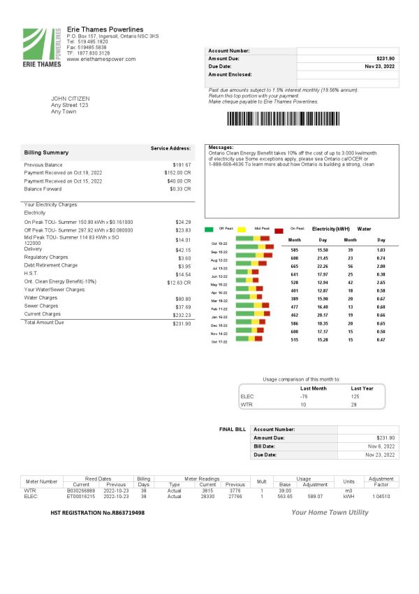 USA Ontario Erie Thames utility bill template in Word and PDF format