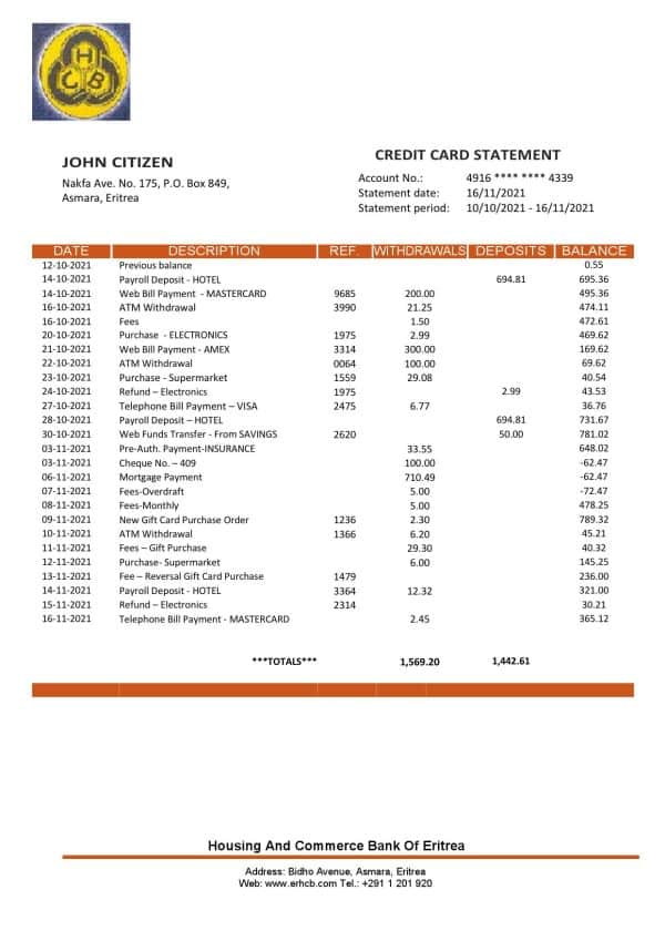 Eritrea Housing and Commerce bank statement template in Word and PDF format