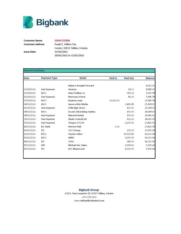 Estonia Bigbank bank statement Excel and PDF template