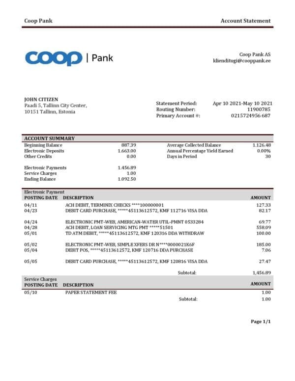 Estonia Coop Pank proof of address bank statement template in Word and PDF format