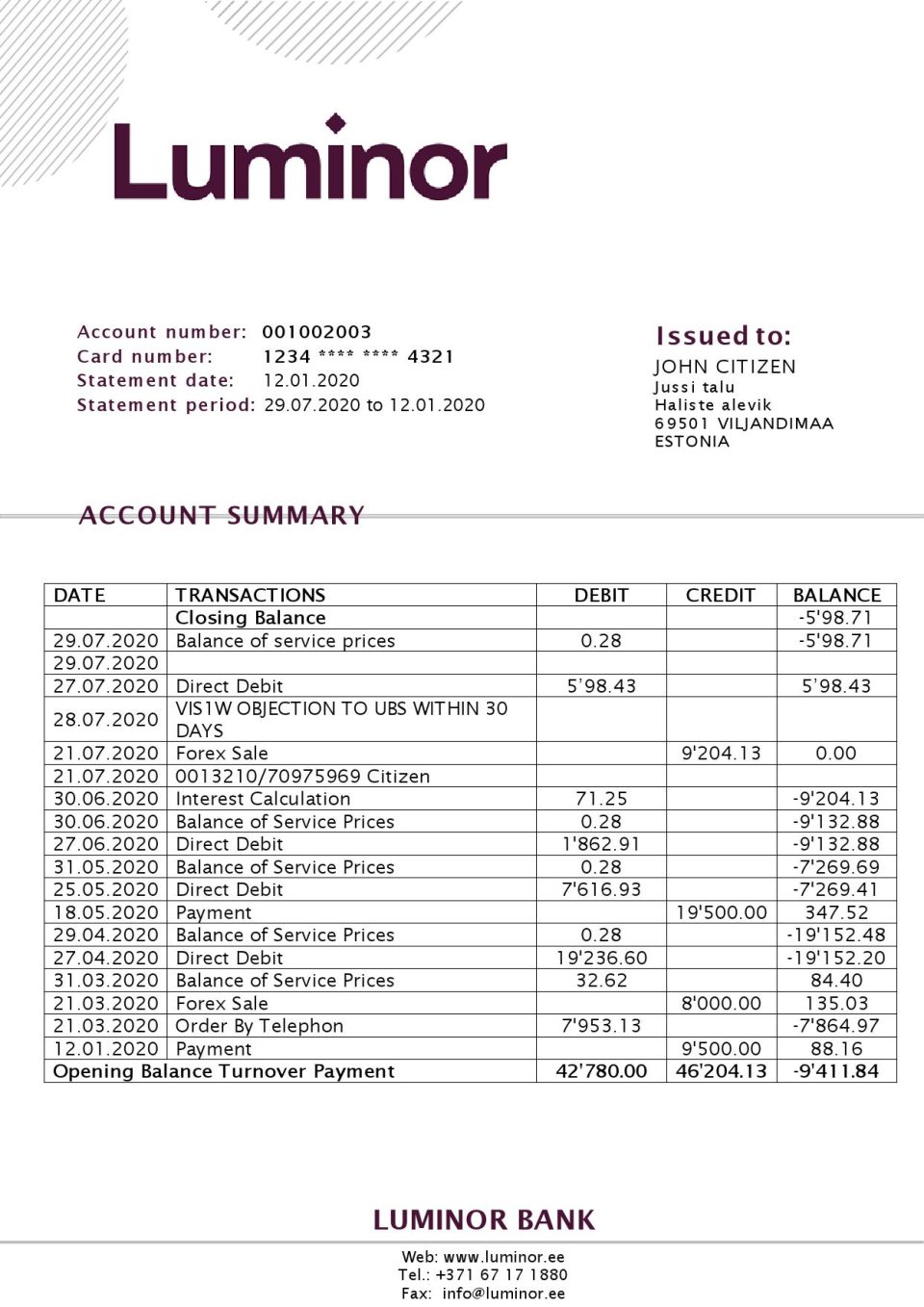 Estonia Luminor Bank proof of address bank statement template in Word and PDF format, .doc and .pdf format