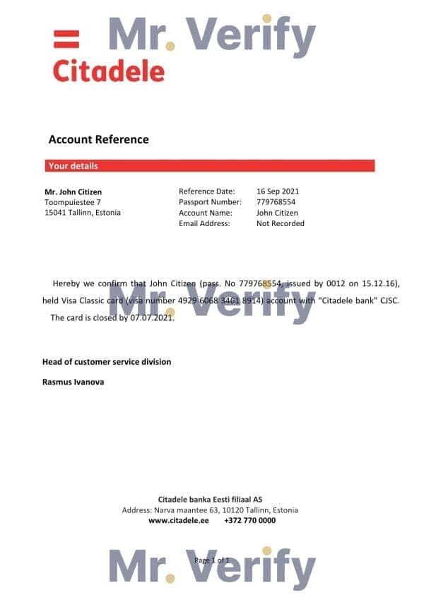 Download Estonia Citadele banka Eesti filiaal AS Bank Reference Letter Templates | Editable Word