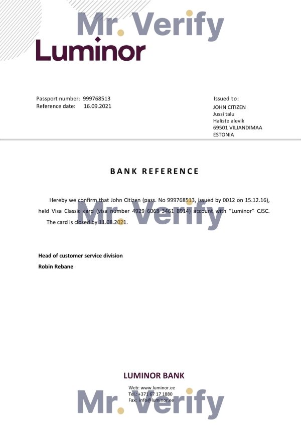 Download Estonia Luminor Bank Reference Letter Templates | Editable Word