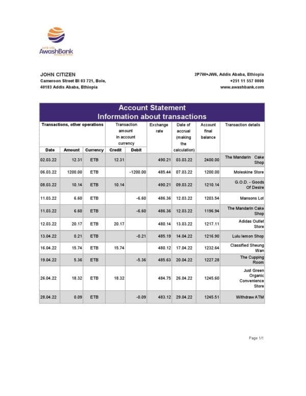 Ethiopia Awash Bank statement Excel and PDF template