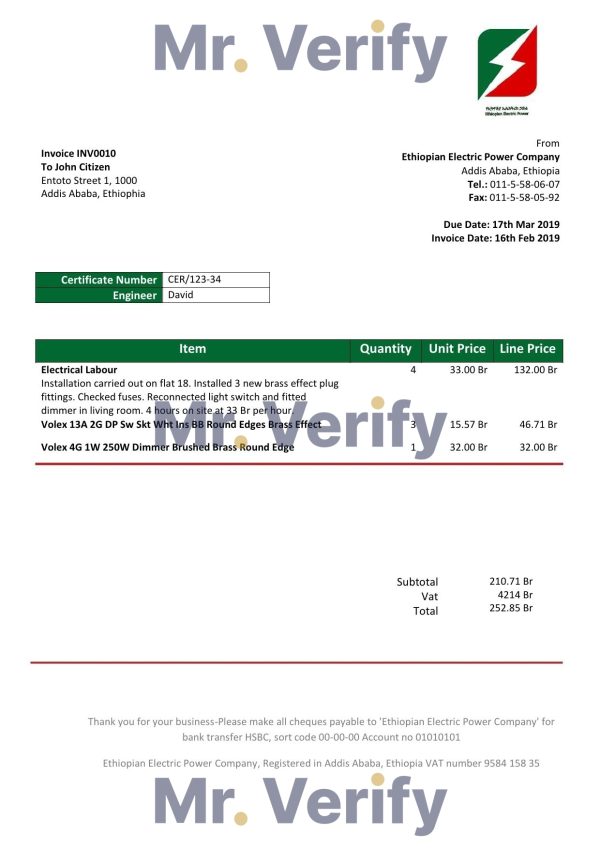 Ethiopia Ethiopian Electric Power Company electricity utility bill template in Word and PDF format