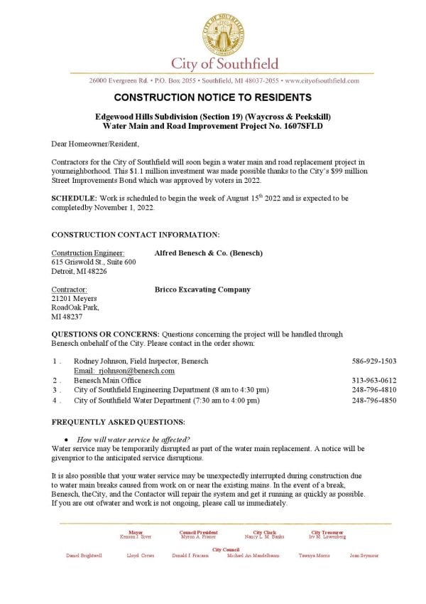 USA Michigan City of Southfield utility water and construction shut off notice, Word and PDF template, 3 pages