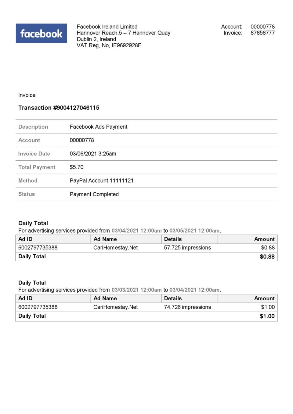 USA Facebook invoice template in Word and PDF format