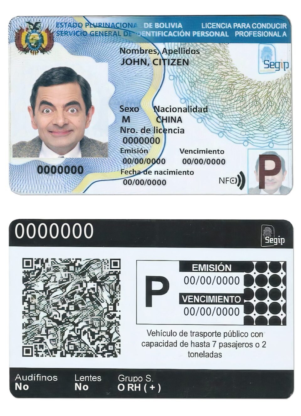 Fake Bolivia Driver License Template (2017 – present)