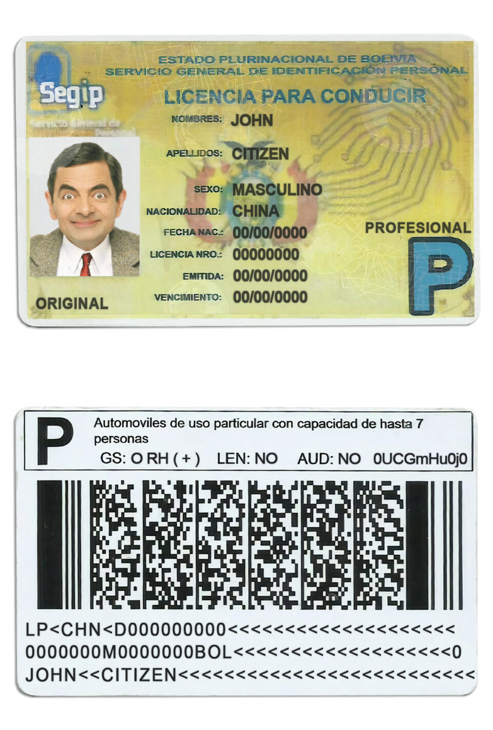 Fake Bolivia Driver License Template