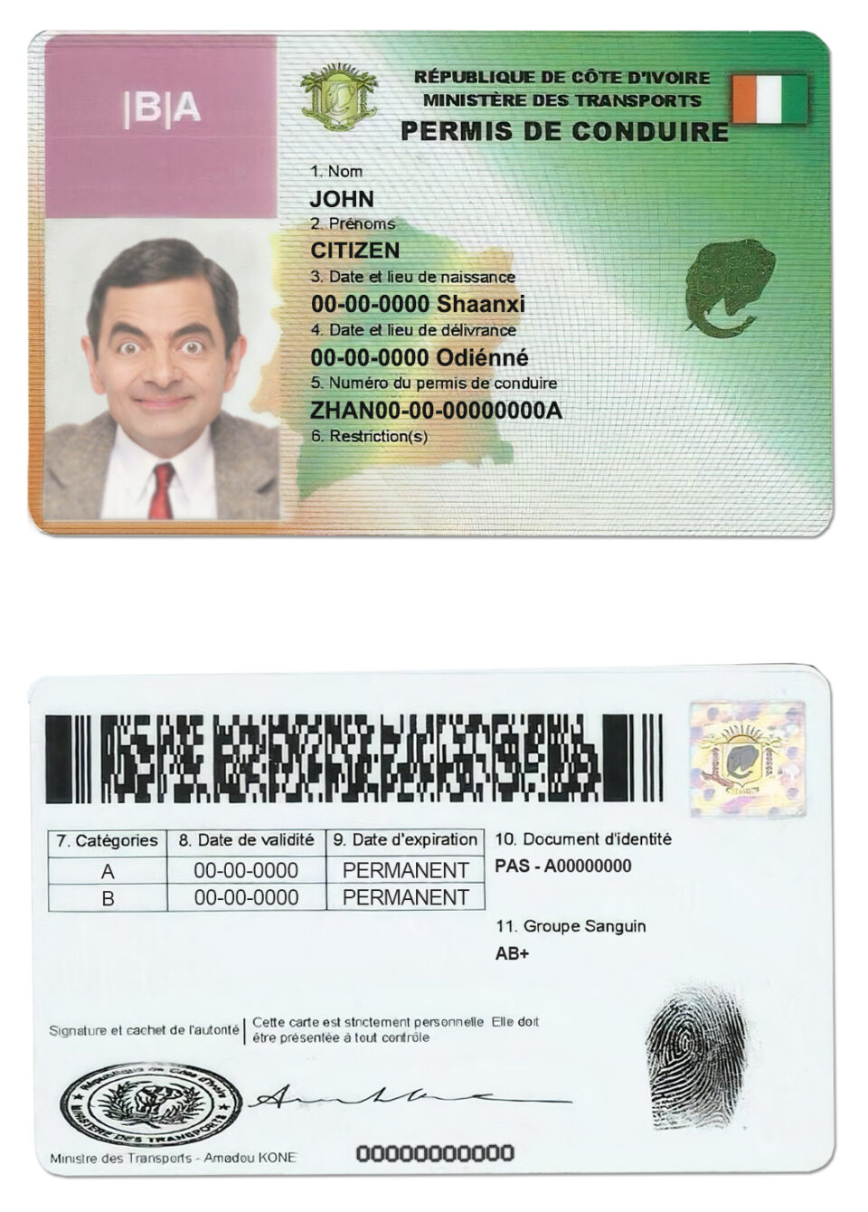 Fake Cote D’Ivoire Driver License Template