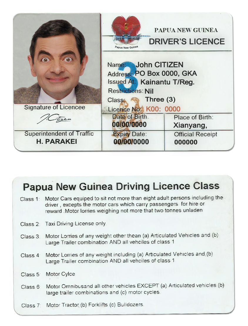 Fake Papua New Guinea Driver License Template