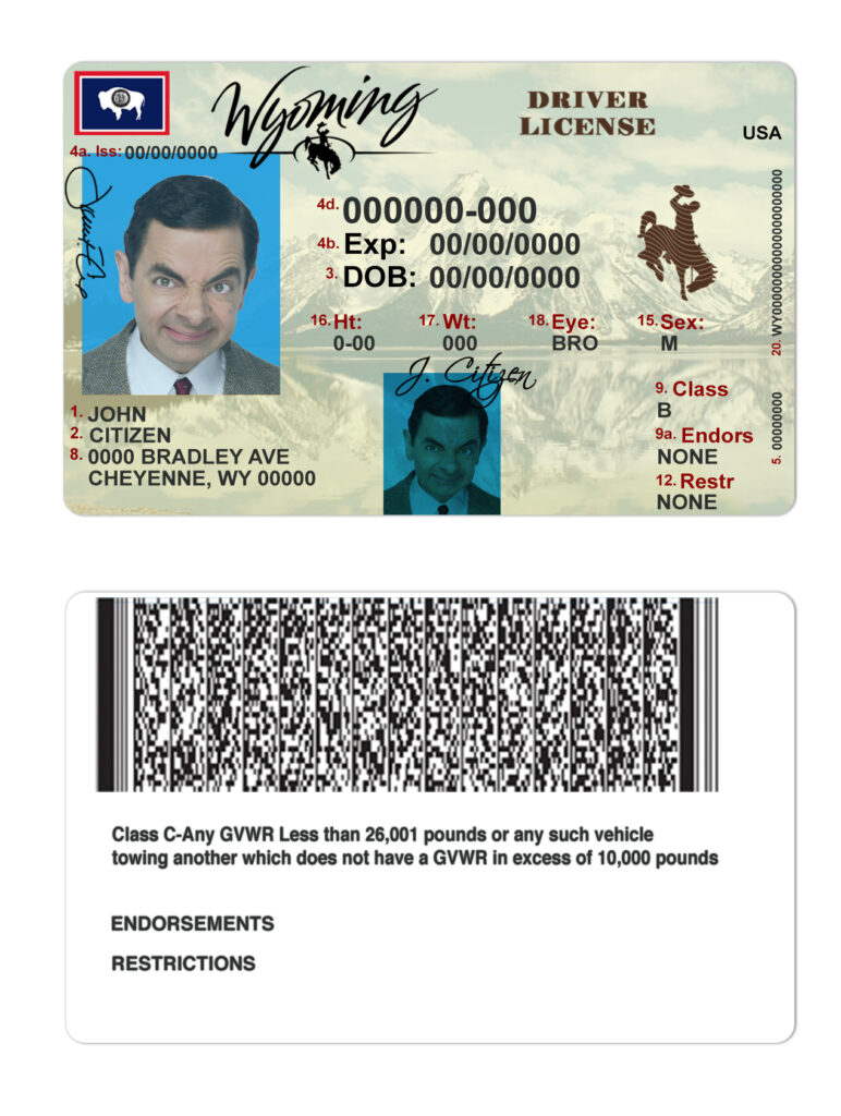 Fake USA Wyoming state Driver License Template