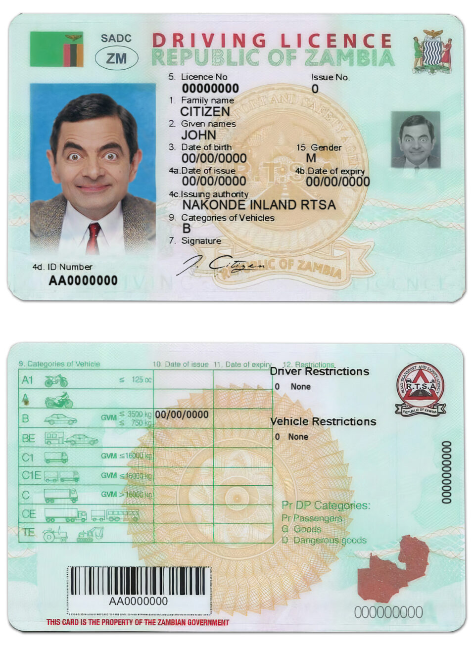 Fake Zambia Driver License Template