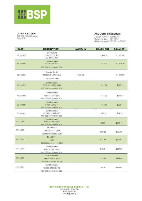 Fiji Bank of South Pacific bank statement template in Word and PDF format