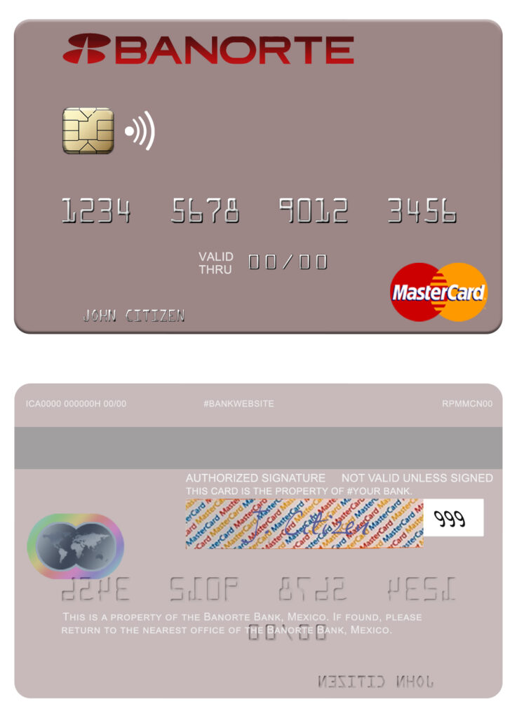 Fillable Mexico Banorte bank mastercard credit card Templates | Layer-Based PSD