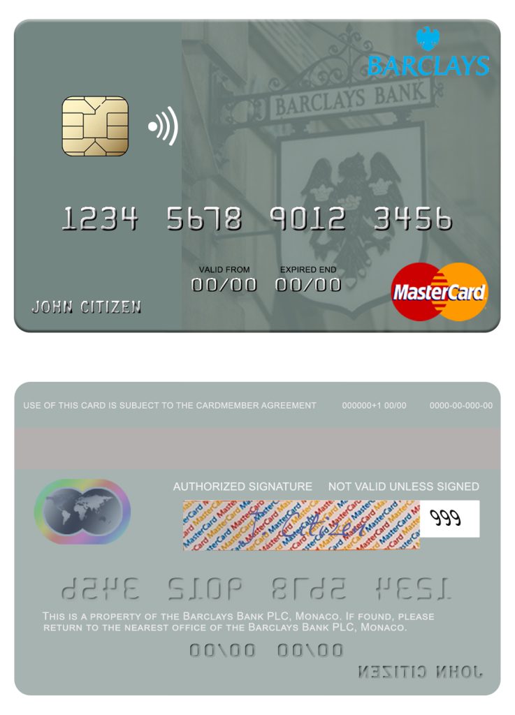 Fillable Monaco Barclays Bank PLC bank mastercard Templates