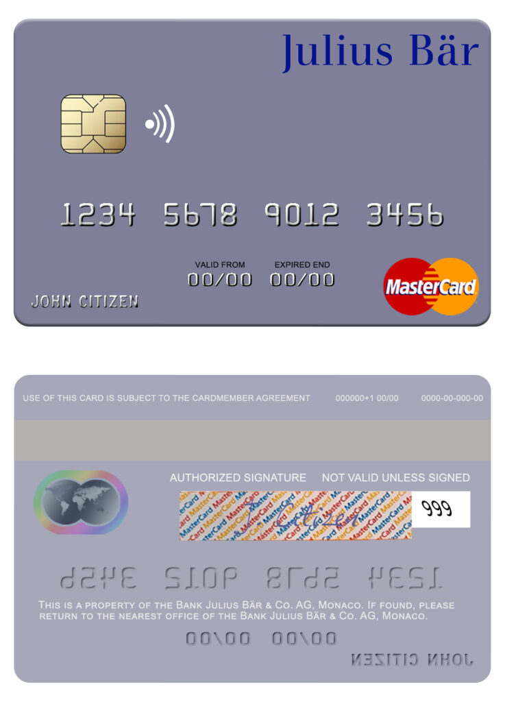 Fillable Monaco Julius Bär & Co. AG bank mastercard Templates | Layer-Based PSD
